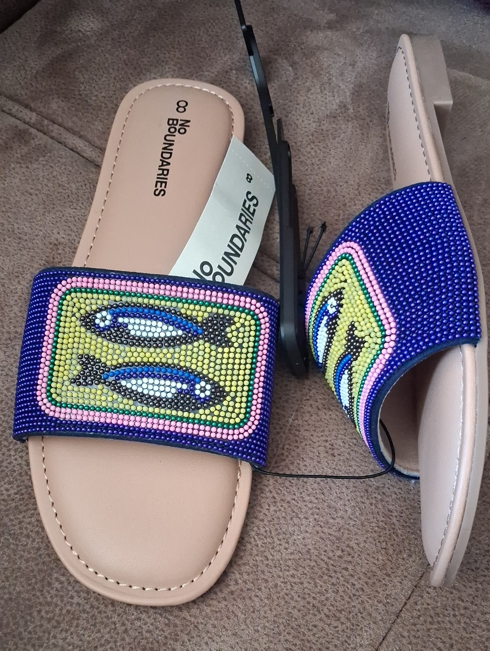 No Boundaries Beaded Fish Slide Sandals - Blue, Yellow, Pink Size 8